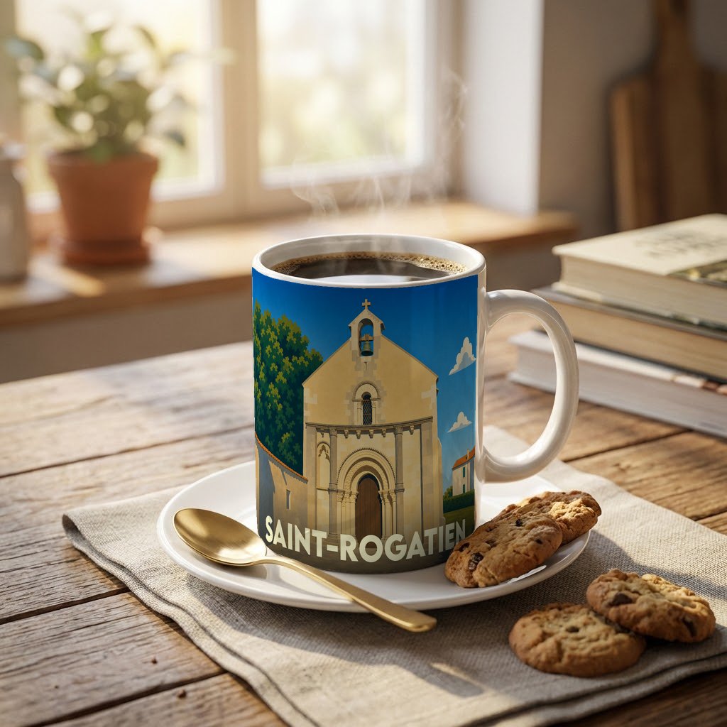 Mug souvenir de la ville de Saint-Rogatien avec une illustration stylisée de son église romane.