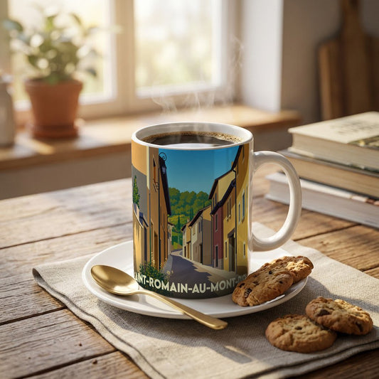 Mug souvenir de la ville de Saint-Romain-au-Mont-d'Or avec une illustration stylisée de ses ruelles.