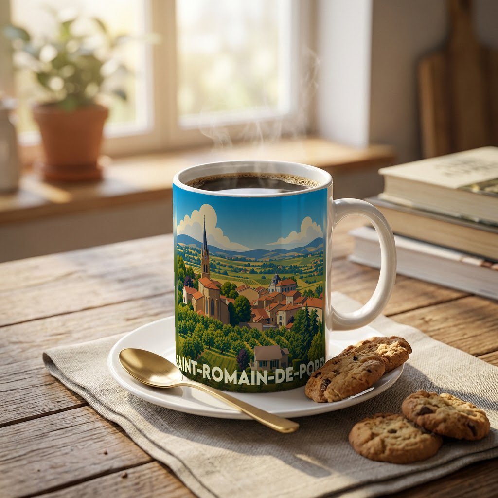 Mug souvenir de la ville de Saint-Romain-de-Popey orné d'une illustration stylisée de son paysage rural et de son église.