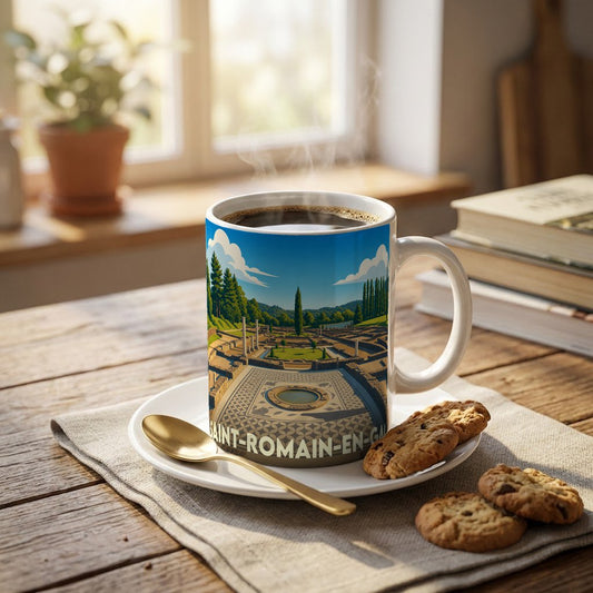 Mug souvenir de la ville de Saint-Romain-en-Gal illustré par un paysage de ruines antiques.