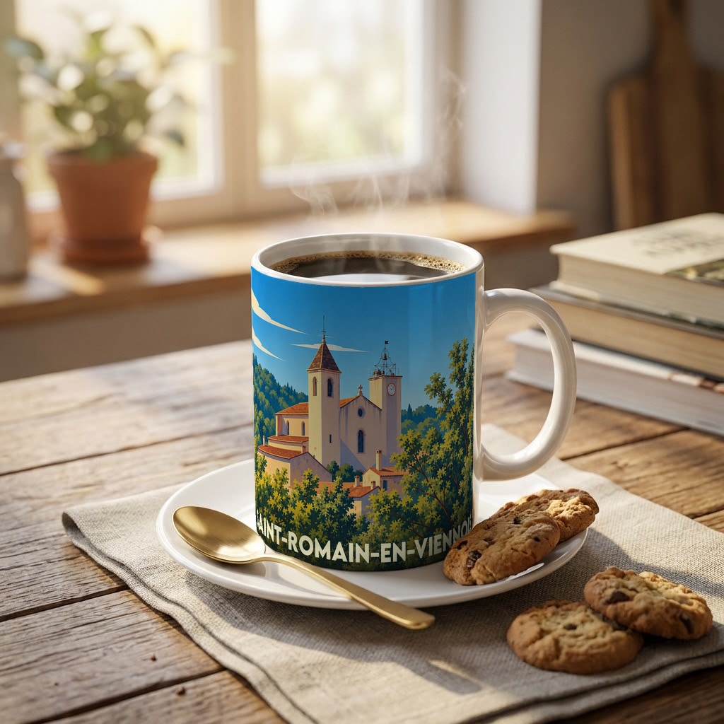 Mug souvenir de la ville de Saint-Romain-en-Viennois avec une illustration stylisée de son église.