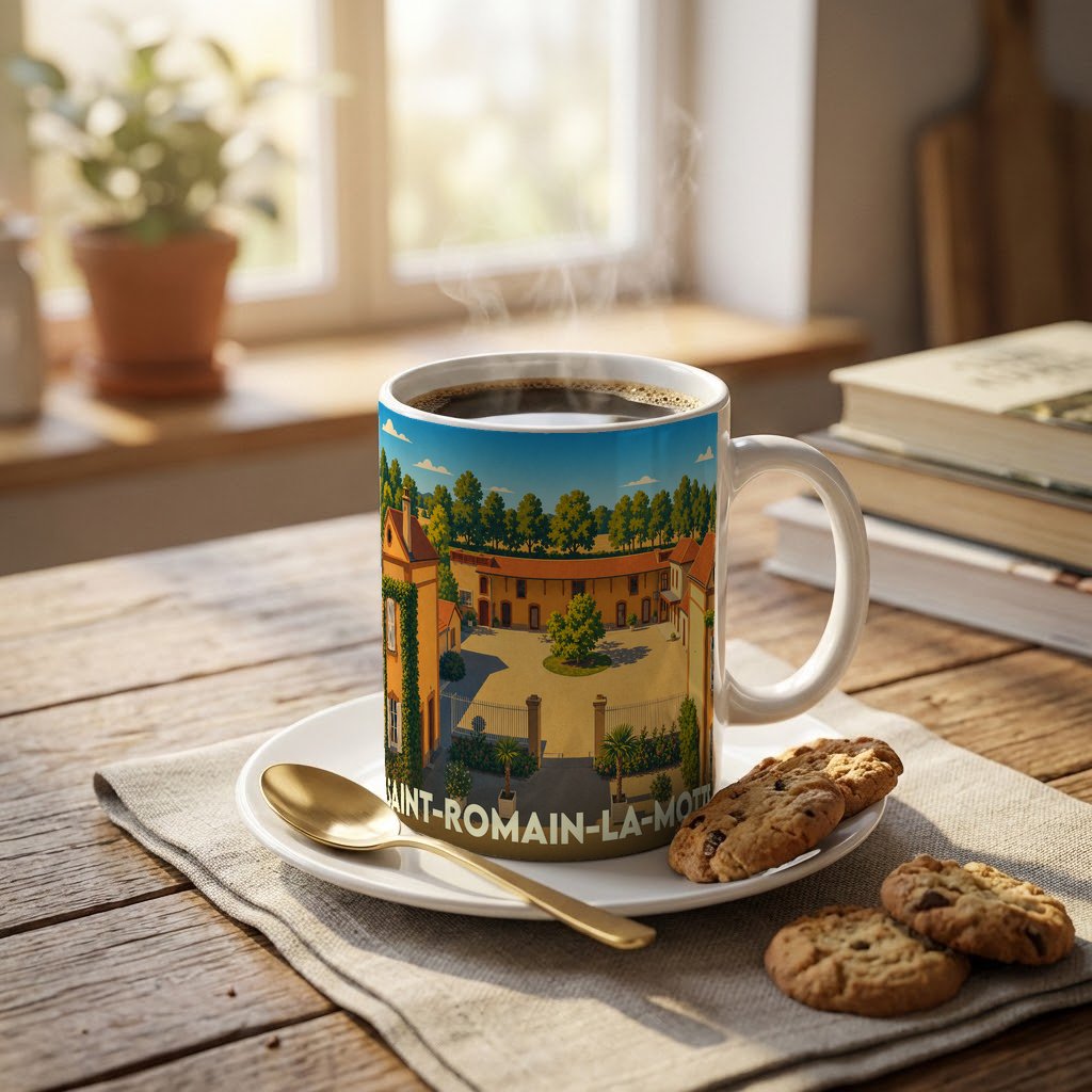 Mug souvenir de la ville de Saint-Romain-la-Motte avec une illustration stylisée d'une bâtisse historique.