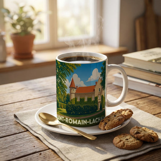 Mug souvenir de la ville de Saint-Romain-Lachalm avec une illustration stylisée d'un château.