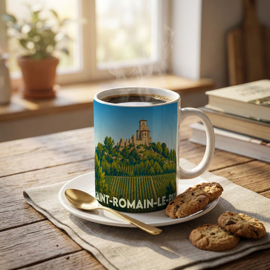 Mug souvenir de la ville de Saint-Romain-le-Puy avec une illustration stylisée de son prieuré niché au cœur d'un vignoble.