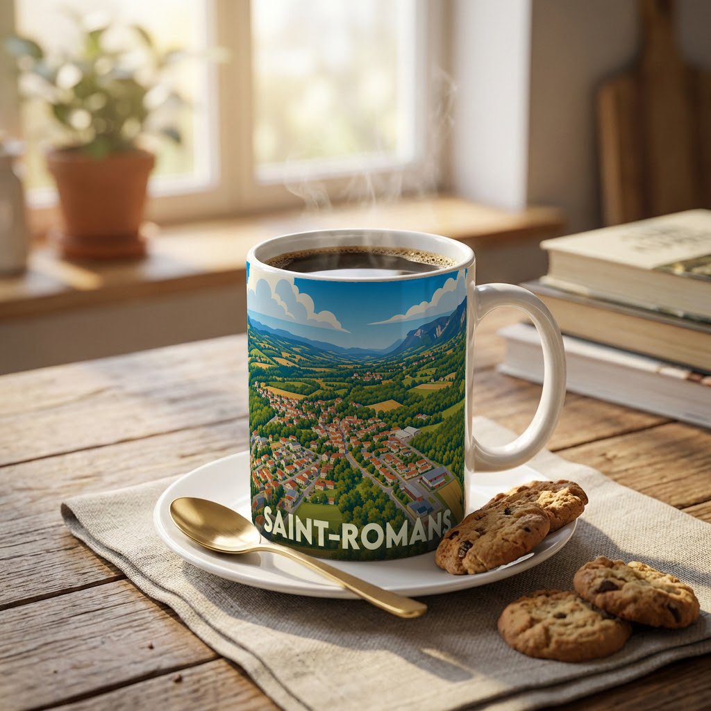 Mug souvenir de la ville de Saint-Romans avec une illustration stylisée d'un paysage de vallée.