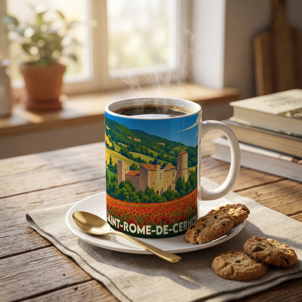 Mug souvenir de la ville de Saint-Rome-de-Cernon avec une illustration stylisée de son château et d'un champ de coquelicots.