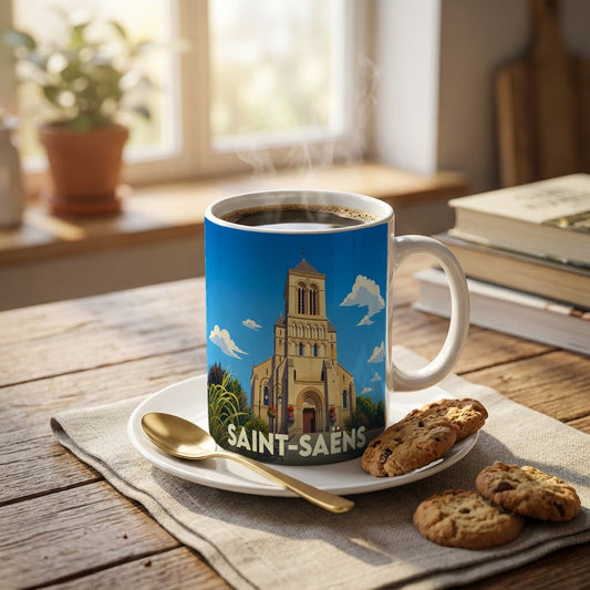 Mug souvenir de la ville de Saint-Saëns avec une illustration stylisée de son église.