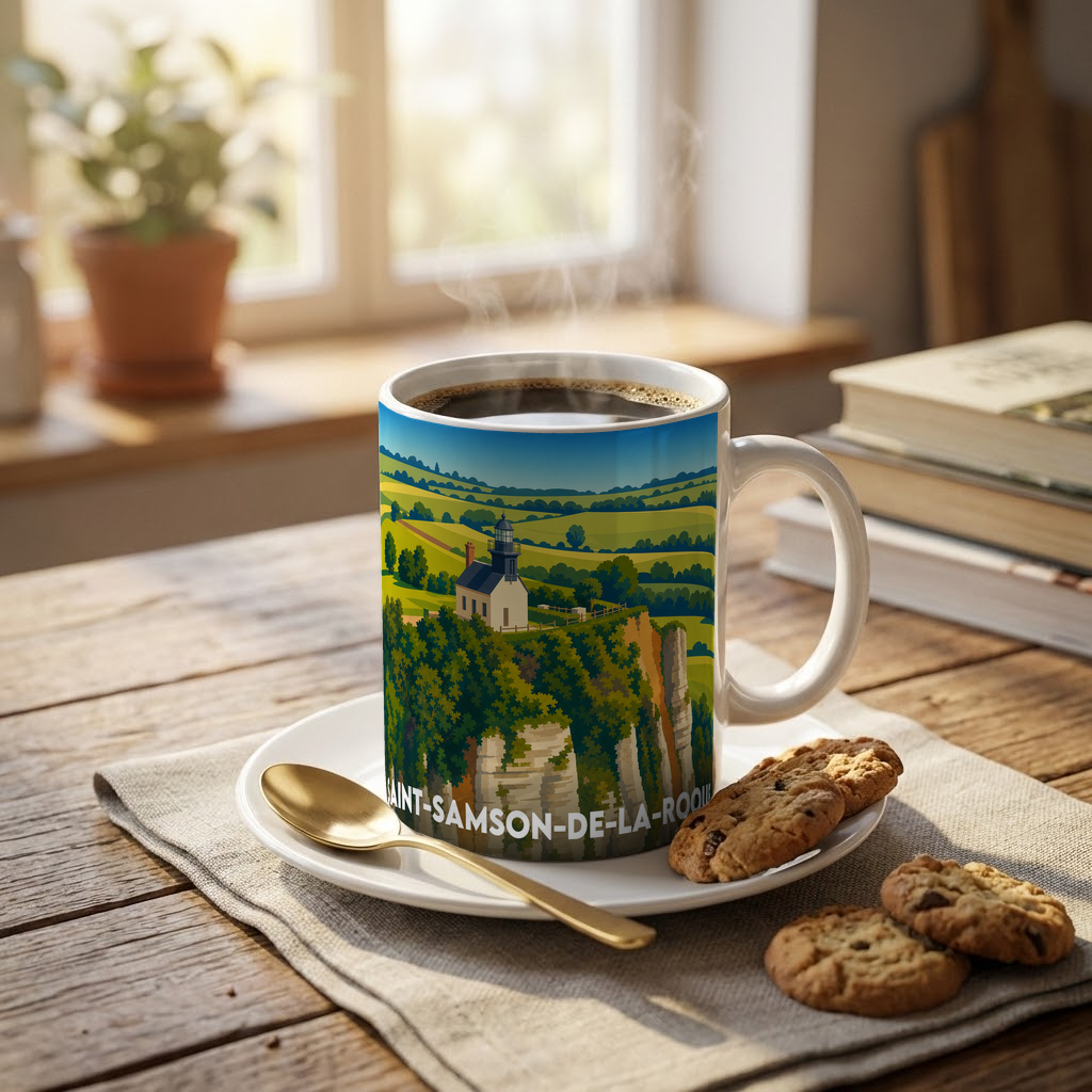 Mug souvenir de la ville de Saint-Samson-de-la-Roque avec une illustration stylisée.