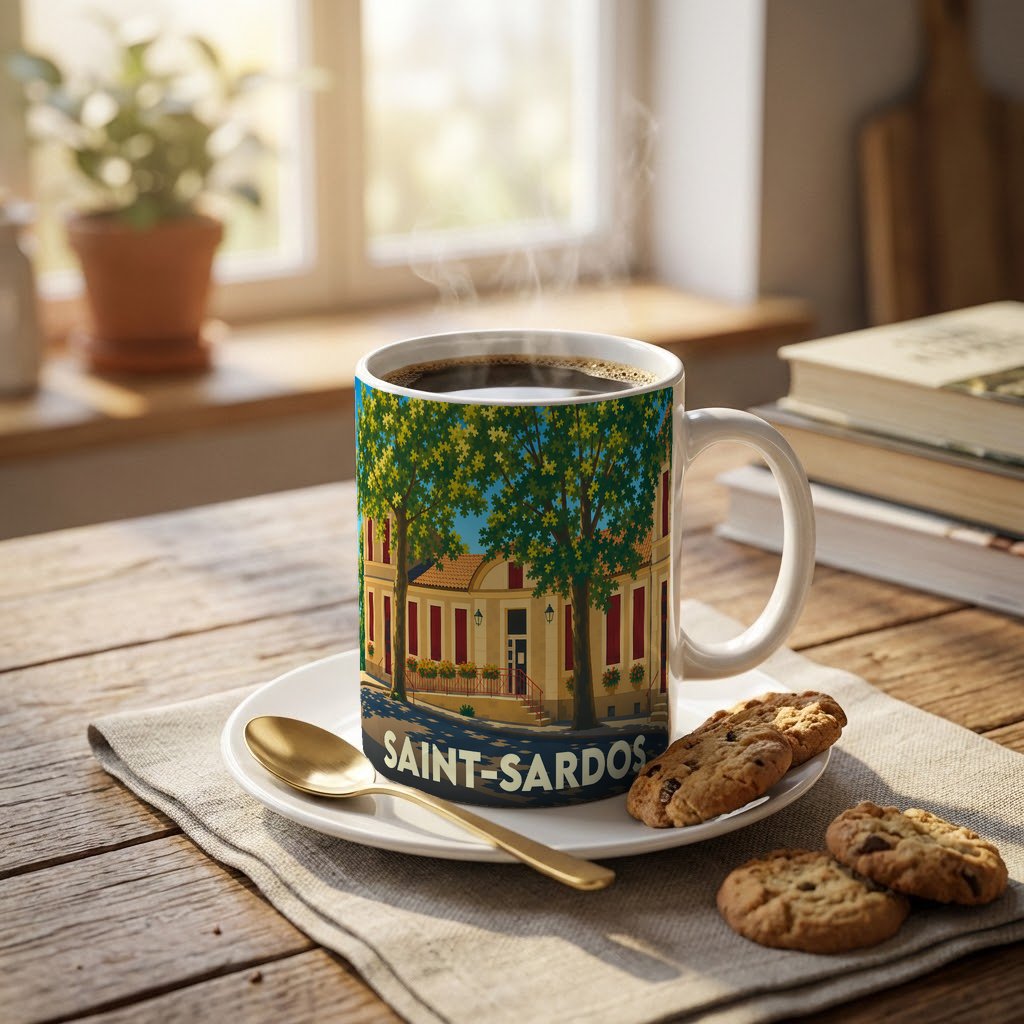 Mug souvenir de la ville de Saint-Sardos avec une illustration stylisée d'un bâtiment arboré.
