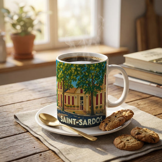 Mug souvenir de la ville de Saint-Sardos avec une illustration stylisée d'un bâtiment arboré.