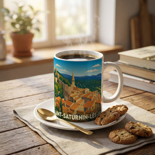 Mug souvenir de Saint-Saturnin-lès-Apt orné d'une illustration colorée du village perché et de son clocher.
