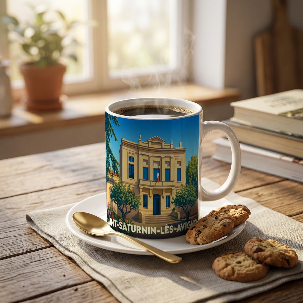 Mug souvenir de la ville de Saint-Saturnin-lès-Avignon illustré par une vue stylisée de l'hôtel de ville.