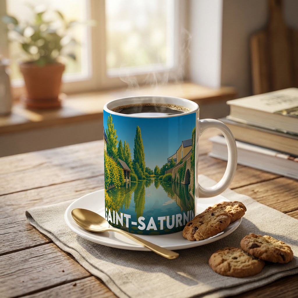 Mug souvenir de la ville de Saint-Saturnin avec une illustration stylisée.