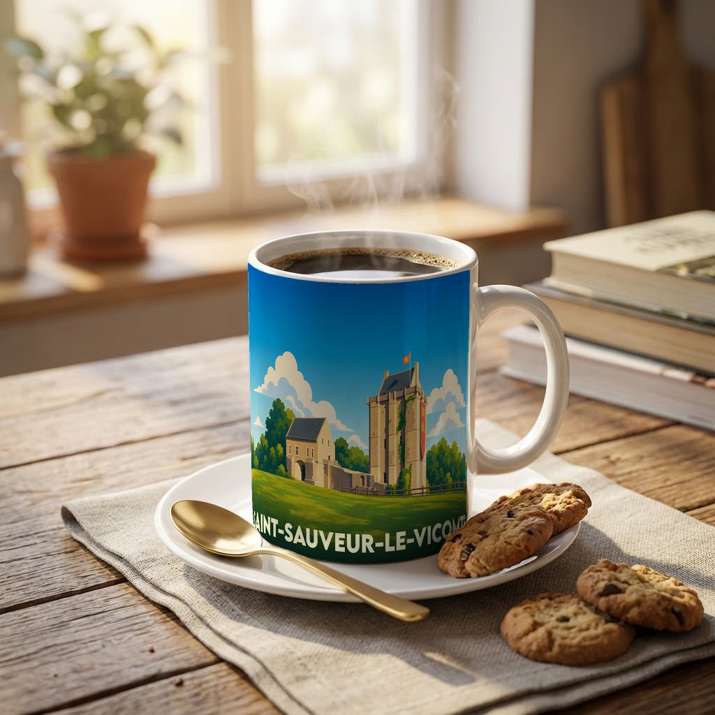 Mug souvenir de la ville de Saint-Sauveur-le-Vicomte avec une illustration stylisée de son château médiéval.