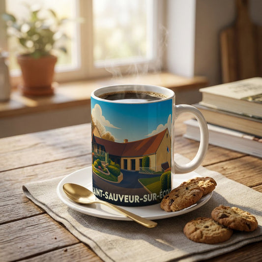 Mug souvenir de la ville de Saint-Sauveur-sur-École avec une illustration stylisée d'un bâtiment local.