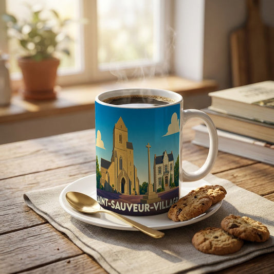 Mug souvenir de la ville de Saint-Sauveur-Villages avec une illustration stylisée de son église et de son patrimoine.