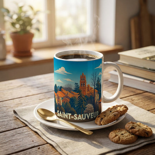 Mug souvenir de la ville de Saint-Sauveur avec une illustration stylisée de son clocher et de ses toits.