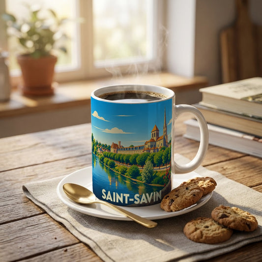 Mug souvenir de la ville de Saint-Savin avec une illustration stylisée de son abbaye en bord de rivière.