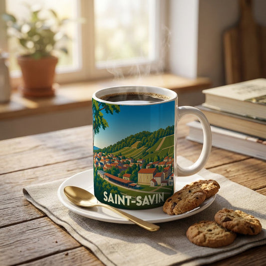 Mug souvenir de la ville de Saint-Savin orné d'une illustration stylisée de son paysage vallonné et de ses toits rouges.