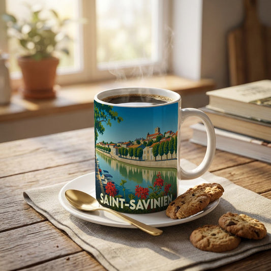 Mug souvenir de la ville de Saint-Savinien illustré d'un paysage de bord de rivière coloré.