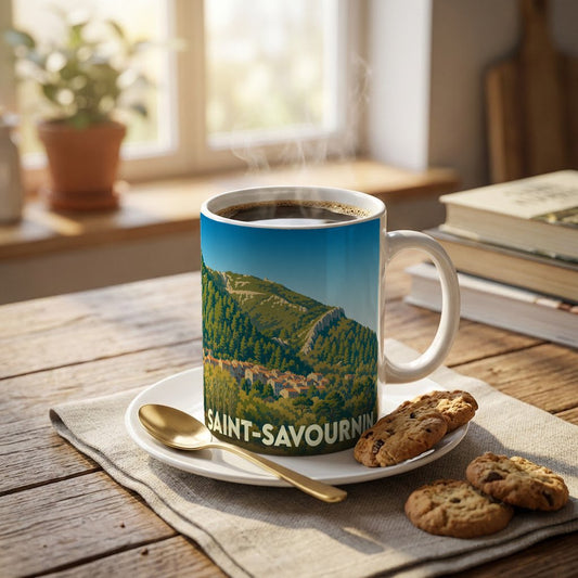Mug souvenir de la ville de Saint-Savournin avec une illustration stylisée de son paysage vallonné.