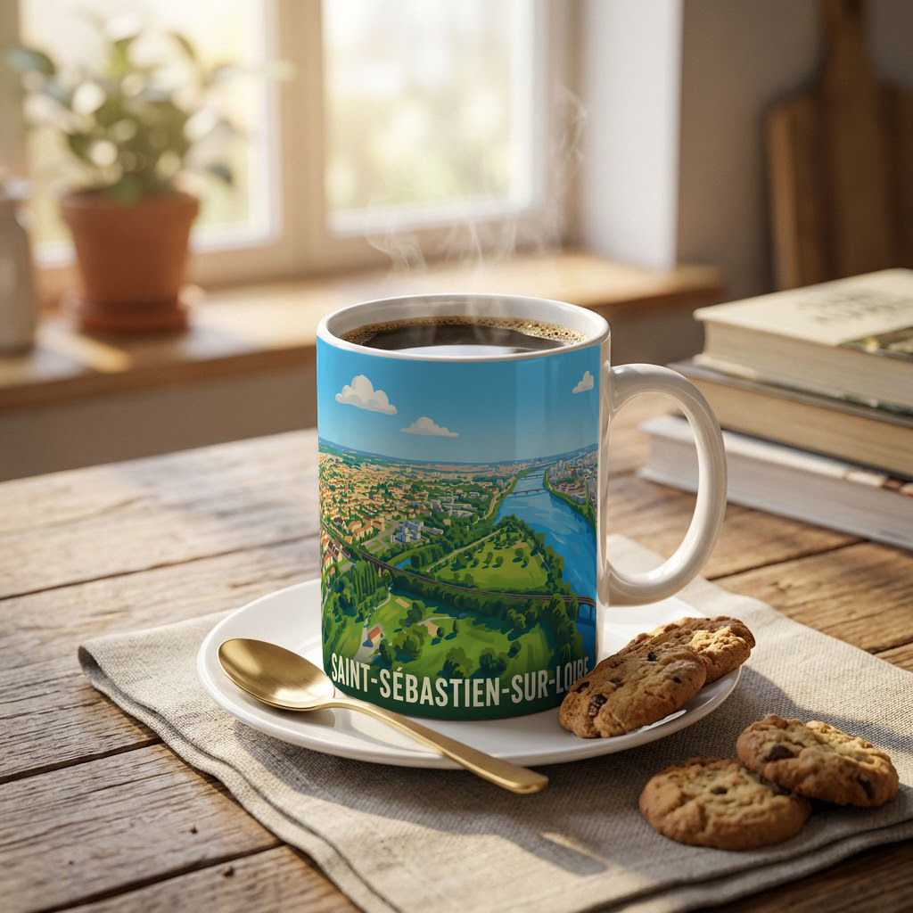 Mug souvenir de la ville de Saint-Sébastien-sur-Loire avec une illustration stylisée de son paysage.