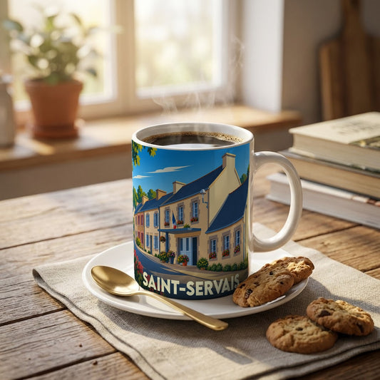 Mug souvenir de la ville de Saint-Servais orné d'une illustration stylisée de ses maisons traditionnelles.