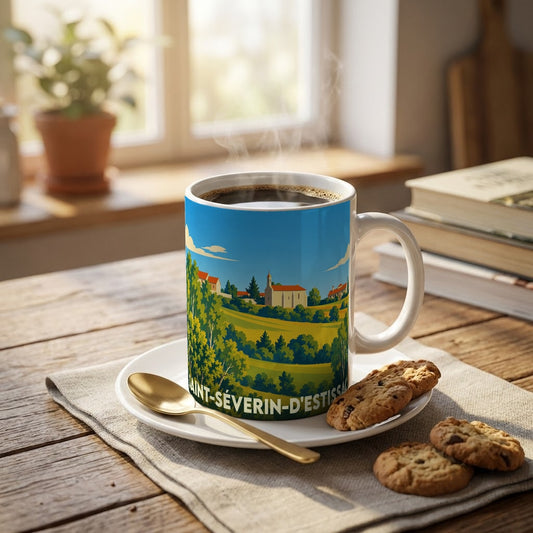 Mug souvenir de la ville de Saint-Séverin-d'Estissac avec une illustration stylisée de son paysage rural.
