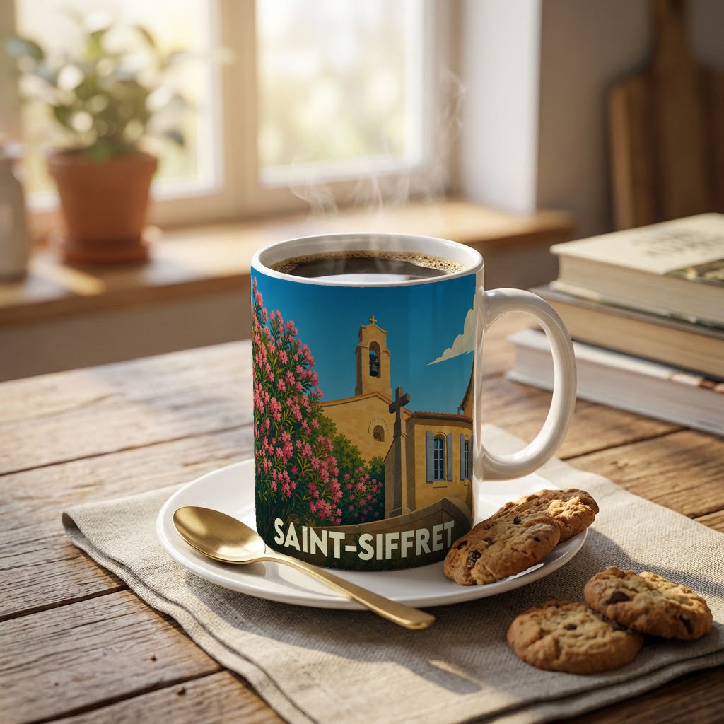 Mug souvenir de la ville de Saint-Siffret orné d'une illustration stylisée de son église et de lauriers-roses.
