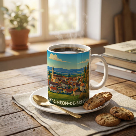 Mug souvenir de la ville de Saint-Siméon-de-Bressieux avec une illustration stylisée d'un paysage urbain pittoresque.