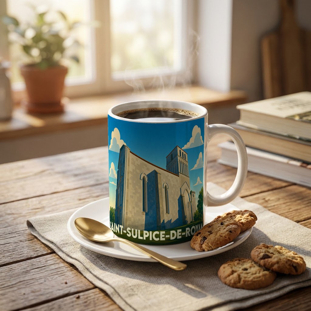 Mug souvenir de la ville de Saint-Sulpice-de-Royan orné d'une illustration stylisée de son église.