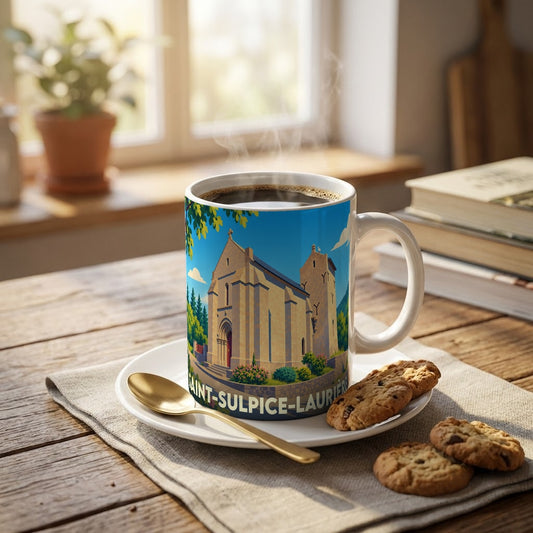 Mug souvenir de la ville de Saint-Sulpice-Laurière illustré d'une église stylisée sous un ciel bleu.