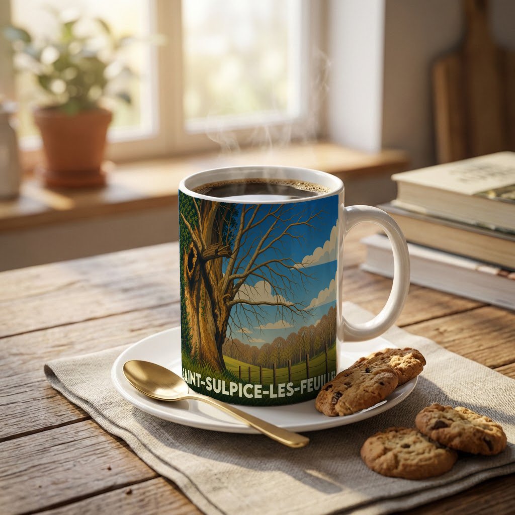 Mug souvenir de la ville de Saint-Sulpice-les-Feuilles orné d'une illustration d'arbre centenaire dans un paysage rural.