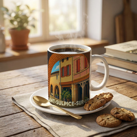 Mug souvenir de la ville de Saint-Sulpice-sur-Lèze avec une illustration stylisée d'une rue typique.