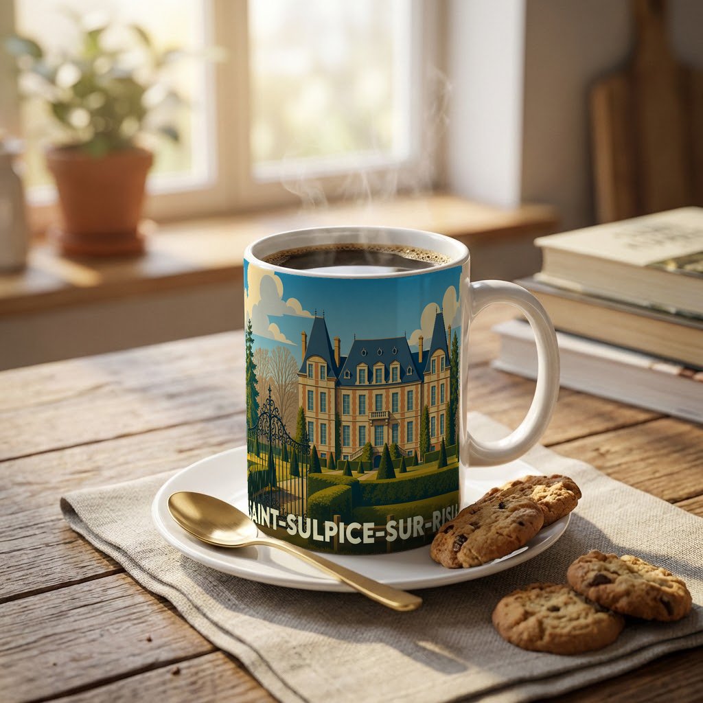 Mug souvenir de la ville de Saint-Sulpice-sur-Risle avec une illustration stylisée de son château.