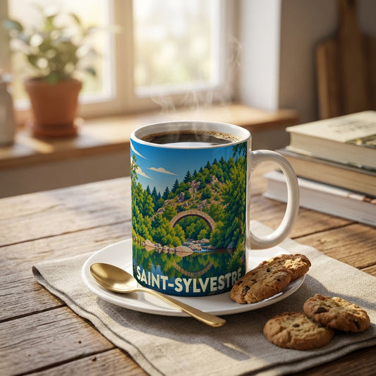 Mug souvenir de la ville de Saint-Sylvestre orné d'une illustration stylisée d'un pont en pierre dans un paysage forestier.