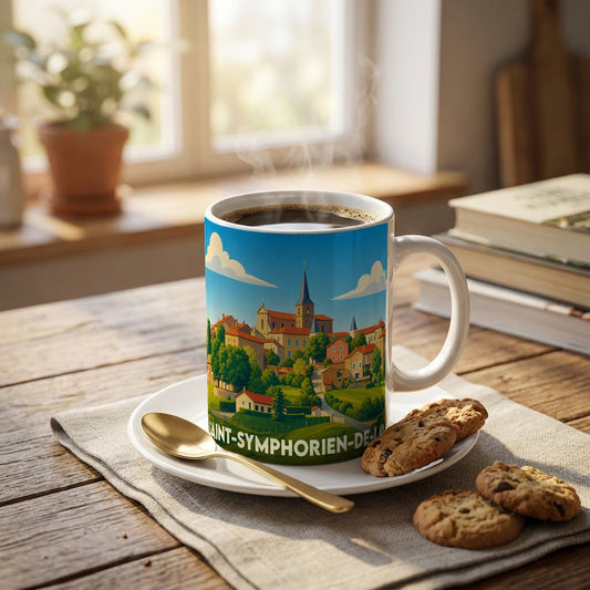 Mug souvenir de la ville de Saint-Symphorien-de-Lay avec une illustration panoramique stylisée.