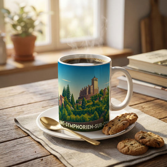 Mug souvenir de la ville de Saint-Symphorien-sur-Coise avec une illustration stylisée de son église collégiale.