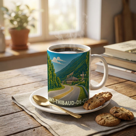 Mug souvenir de la ville de Saint-Thibaud-de-Couz orné d'une illustration de paysage de montagne.