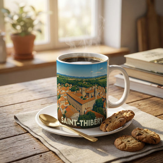 Mug souvenir de la ville de Saint-Thibéry orné d'une illustration panoramique colorée.