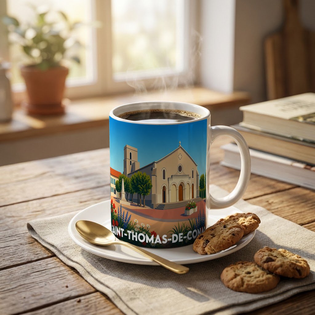 Mug souvenir de la ville de Saint-Thomas-de-Conac avec une illustration stylisée.