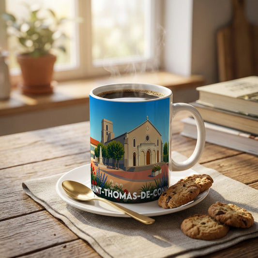 Mug souvenir de la ville de Saint-Thomas-de-Conac avec une illustration stylisée.