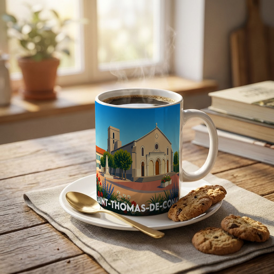 Mug souvenir de la ville de Saint-Thomas-de-Conac avec une illustration stylisée.