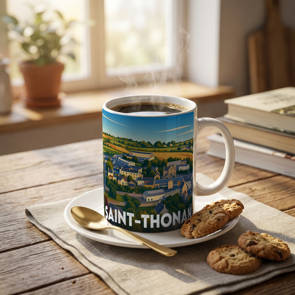 Mug souvenir de la ville de Saint-Thonan avec une illustration stylisée.