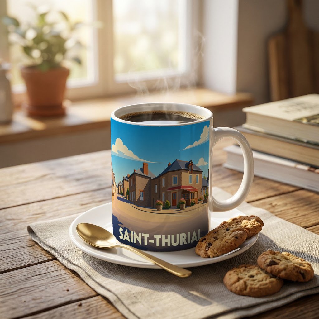 Mug souvenir de la ville de Saint-Thurial avec une illustration stylisée.