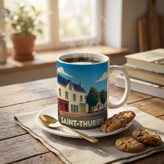 Mug souvenir de la ville de Saint-Thurien avec une illustration stylisée.