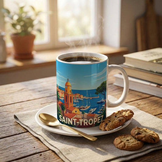 Mug souvenir de la ville de Saint-Tropez avec une illustration stylisée de son célèbre port.