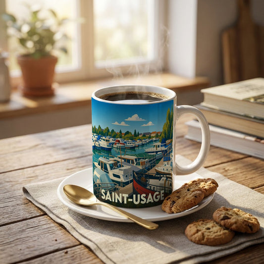 Mug souvenir de la ville de Saint-Usage orné d'une illustration stylisée de son port de plaisance.