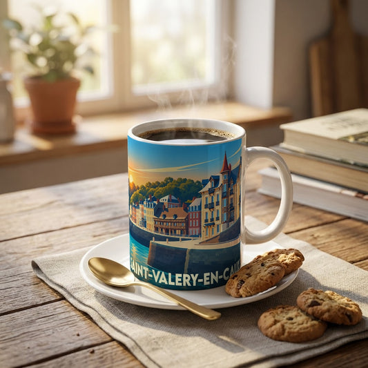 Mug souvenir de la ville de Saint-Valery-en-Caux illustré d'un paysage portuaire stylisé au coucher du soleil.