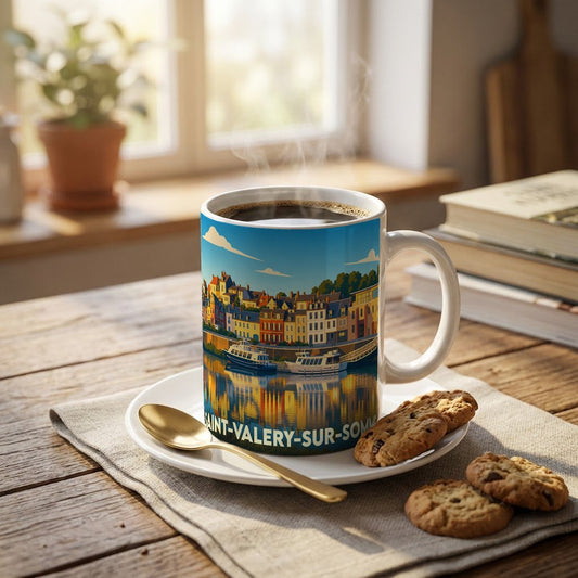 Mug souvenir de Saint-Valery-sur-Somme avec une illustration colorée et stylisée du port.